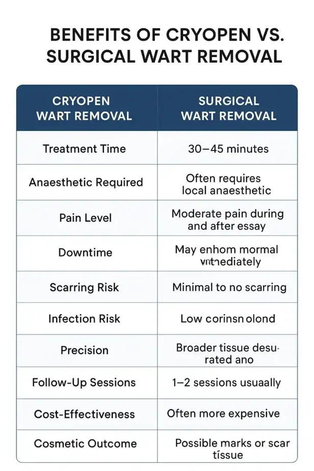 Table showing the benefits of cryopen to remove warts Wigan compared to surgical treatment